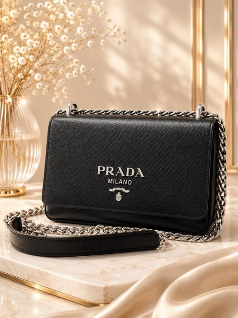 Authentic Prada Saffiano Leather Chain Wallet Crossbody Black Silver Hardware